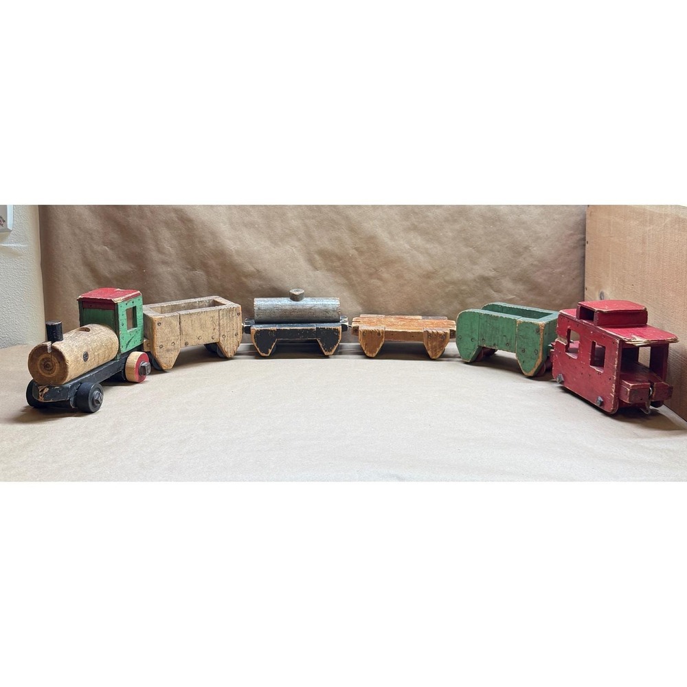 Vintage John D Phillips Urbana IL Handmade Wooden Toy Train Set 6 Piece Folk Art